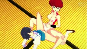 Redhead Akane scissors Ranma in the dojo
