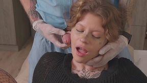 Tattooed alt girl with a cute face gets drilled in her mouth by her naughty doctor
