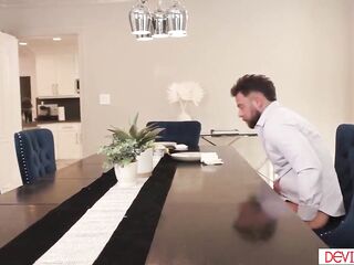 Elizabeth Skylar caught her husband and their neighbor's stepdaughter Rissa May having sex. This hottie gets turned on and joins in wanting that dick as well