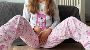 slim girl in sleepwear touches herself &mdash;  small breasts &mdash;  finger plays and squirting climax&#x1F680;