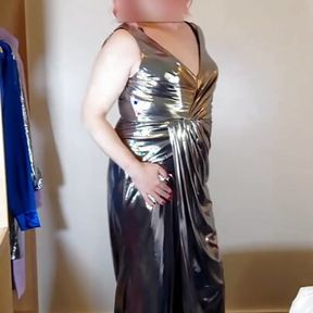 Hot TV crossdresser Nottstvslut classy silver shiny evening dress