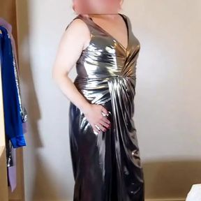 Hot TV crossdresser Nottstvslut classy silver shiny evening dress