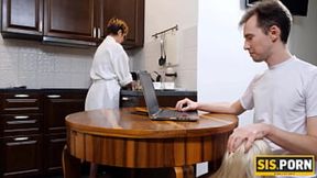 Woman is cleaning house while stepson is fucking stepsister