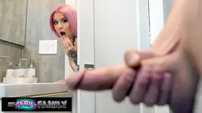 Tattooed boyfriend jerks off side of huge melons