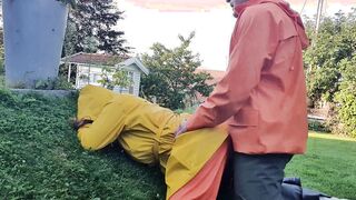 HornyMILF gets filled with huge cock wearing rainwear and pvc boots outdoor