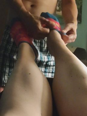 Hot Little Footjob - Pink &amp; Blue Ankle Socks Sockjob - Cum On Socks