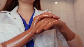 Brown surgical gloves fetish with JOI