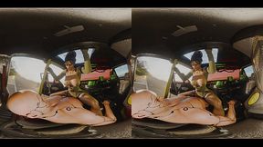 Panam Palmer excited to get her ride back - Cyberpunk 2077 outdoors cowgirl position eye contact 3D CGI render