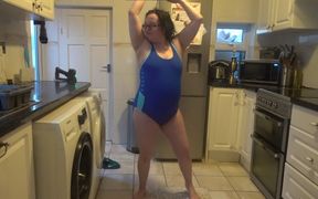 Wife with Big Breasts Dancing in Tight Blue Swimsuit