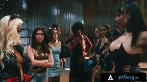 10 girl lesbian gangbang! Rough fisting, strap on sex and squirting!