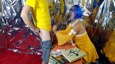 Blue-haired girl in yellow cosplay dress pulls down his pants then takes creampie on books