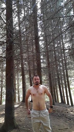 Short relaxing walk no t-shirt in forest
