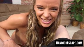 Blonde Pristine Edge works out her handjob skills using my tall shaft