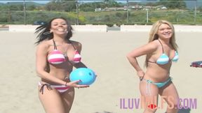 Babes from the beach in group sex playing with toys