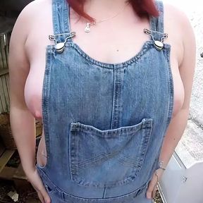 Wife in wellingtons and dungarees in the yard