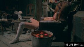 Petite kinky babe fucks her tight cunt with a huge vegetable