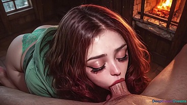 Redhead slut sucking my dick dry in the wooden forest house(AI)