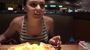 Naughty teen 18+ brunette is giving a great footjob to her new lover, in his hotel room