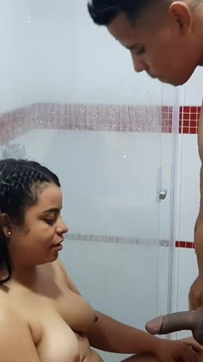 My stepsister gets horny in the bathroom and sucks my cock.   Clip 1