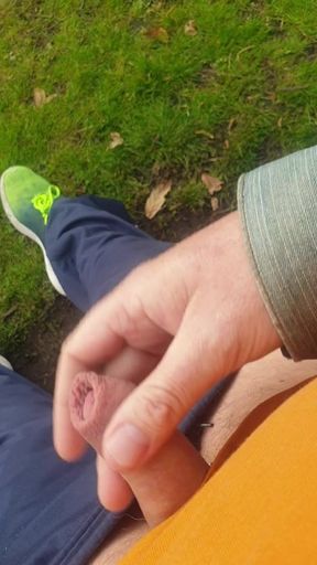 Jerking off and cumming in the open air in a park