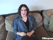 Auditioning tranny tugging her hard cock