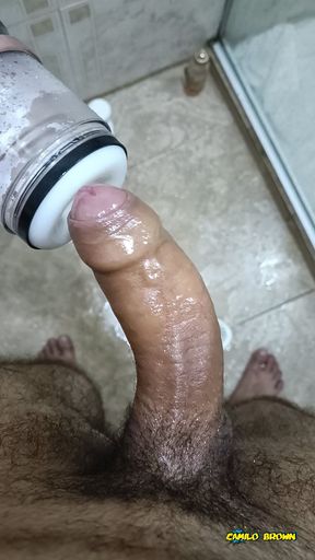 POV Big Uncut Cock Camilo Brown Using An Automatic Masturbation Toy To Get An Intense Cumshot Orgasm