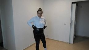 Karate in a white shirt and latex pants ORDER