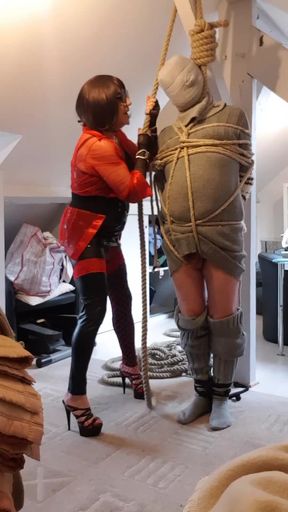 Tied, hanged and wanked with vibrator