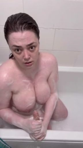 Brunette Soaps Up Her Big Natural Tits for a TIt Fuck and Soapy Handjob in the Bath