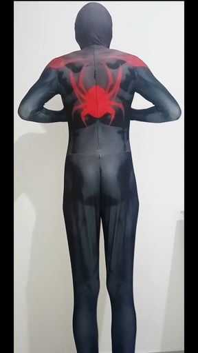 Fun at home wearing amy Spiderman Miles Morales Zentai costume with socks
