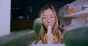 Hungry teen fucks herself with a cucumber while sucking cock for some extra protein