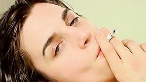 ”Sexy chainsmoker Ayden James rubbed his smooth asshole & stroked his meat in t”