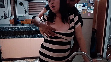 Hot stepmom has sex with her stepson in the kitchen of the house