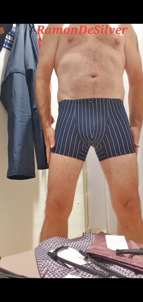 Master Ramon tests sexy shorts in the fitting room while massaging his divine cock, super sexy, Part 2