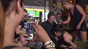 Teen submissive Rebecca worships feet in public with Steve Holmes and Cherry Kiss