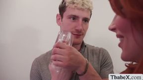 Two TS students fuck their redhead teacher