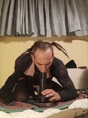 Trans Slut Squats Humps Monster BBC Dildo Ass2Mouth Gushes Wild