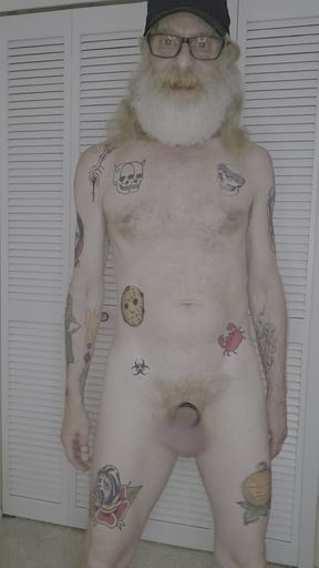 Fully nude old man penis flopping.