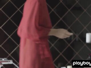 Breasty all natural brunette hair hotty teasing in the bathroom