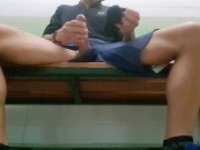 Masturbation in a public bathhouse ending up with a lot of cum in my girlfriend's sock