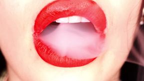 4K Applying red lipstick and smoking hookah on black background