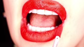 4K Applying red lipstick and smoking hookah on black background