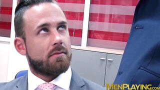 Bearded businessman Logan Moore fucked raw after hot blowjob