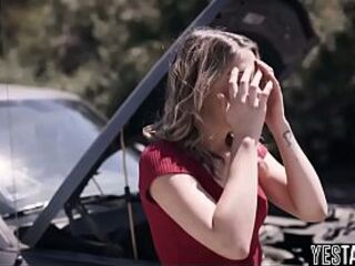 Stranded golden-haired mother I'd like to fuck hitchhikes and bangs large schlong guy outdoors