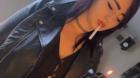 Bee showing off her DD's Bra,leather jacket,smoking,gloves making you weaker for me