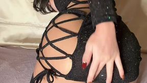 Busty Asian sissy crossdresser teases and masturbates in lingerie