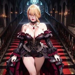 Blonde in a Black Gown Swaying on Red Velvet, Candlelight Gaze and Fan Teasing the Collarbone