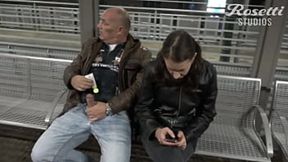 Girl gives handie on crowded train