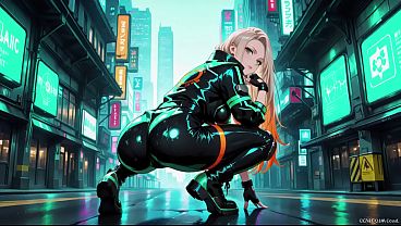 Neon Rain Night! Blonde Agent in Wet Leather Crouching Low, Holographic Glow &amp_ Cold Glances. Can You Handle This Cyberpunk Fantasy?