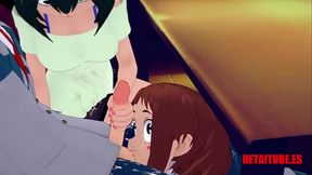 Boku No Hero Hentai 3D - Tsuyu handjob Midoriya Dick'_s and Uraraka suck his balls - Japanese Asian manga anime cartoon porn